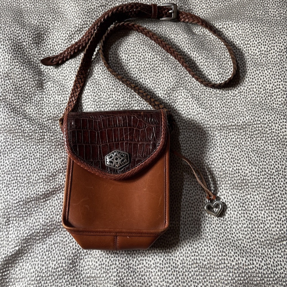 Brighton 1996 Vintage Croc Leather Bucket Crossbody Bag Braided Strap Two-Tone